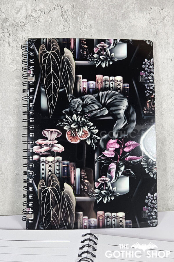cottagecore bookshelves mushrooms and black/grey tabby cat a5 notebook journal (copy)