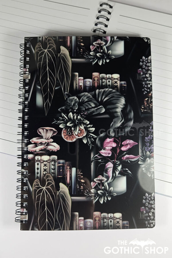 cottagecore bookshelves mushrooms and black/grey tabby cat a5 notebook journal (copy)