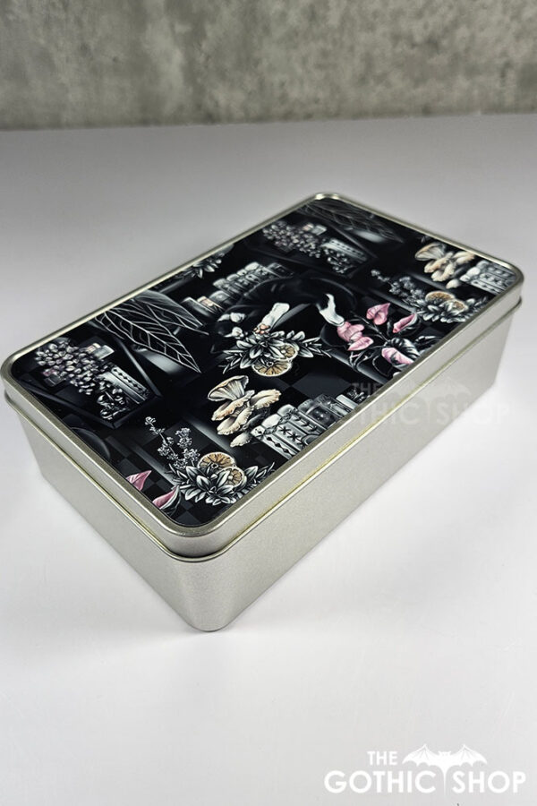 cottagecore bookshelves mushrooms and black/white cat rectangular tin