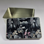 cottagecore bookshelves mushrooms and black/white cat rectangular tin