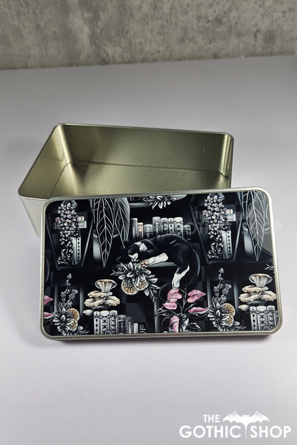 cottagecore bookshelves mushrooms and black/white cat rectangular tin