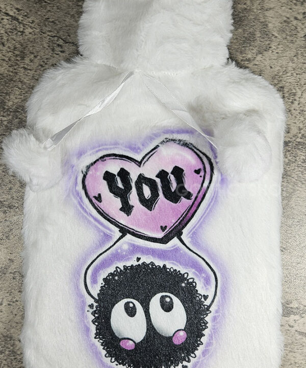 soot sprite heart love you hot water bottle with plush cover