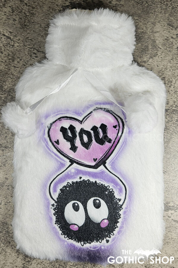 soot sprite heart love you hot water bottle with plush cover