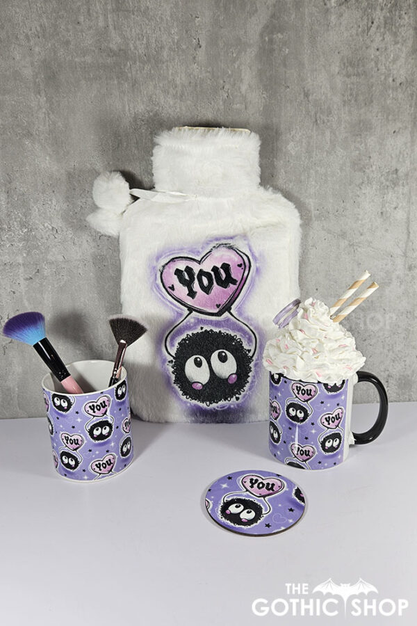soot sprite heart love you hot water bottle with plush cover