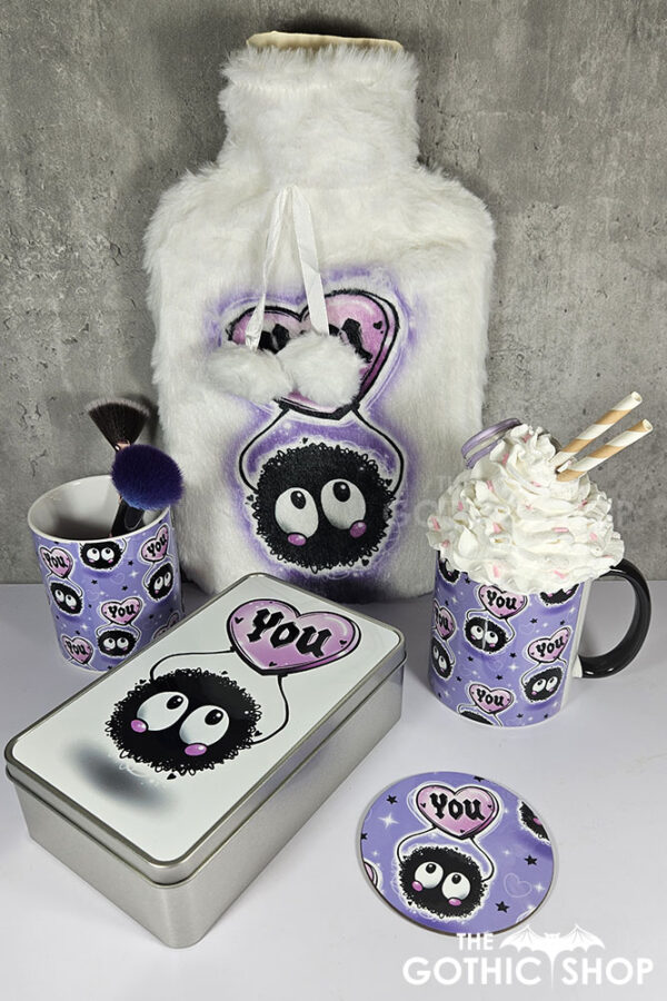 soot sprite heart love you hot water bottle with plush cover
