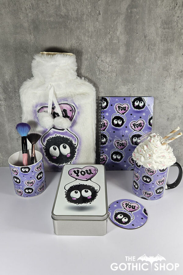 soot sprite heart love you hot water bottle with plush cover