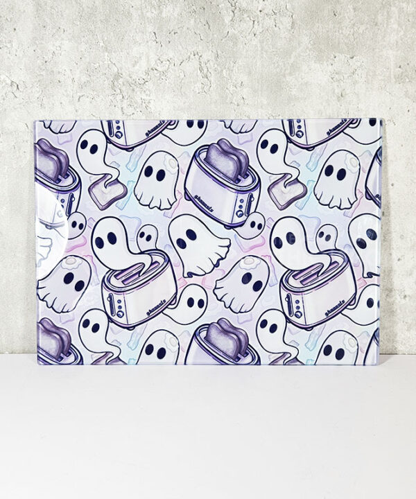 toastie ghosties pastel spooky glass chopping board