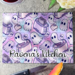 toastie ghosties pastel spooky glass chopping board