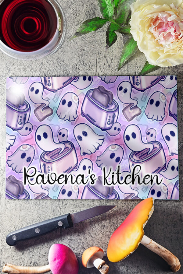 toastie ghosties pastel spooky glass chopping board