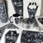 witchy curios & grey cat coffin bookshelves white/black velvet cushion