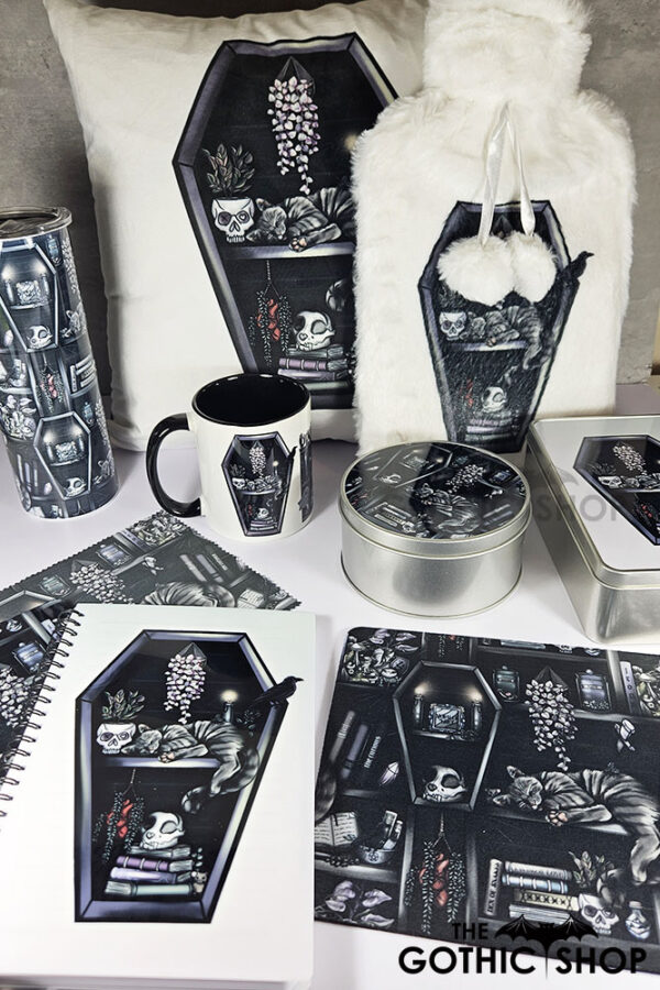 witchy curios & grey cat coffin bookshelves white/black velvet cushion