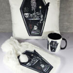 witchy curios & grey cat coffin bookshelves white/black velvet cushion