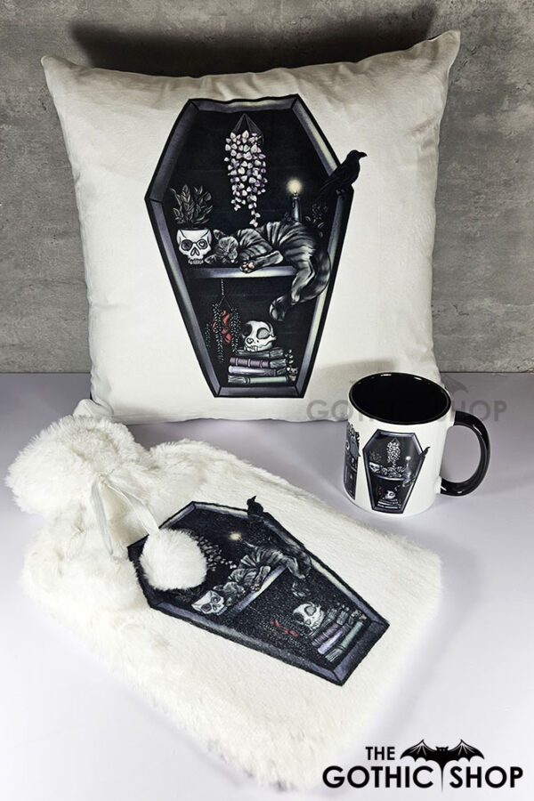 witchy curios & grey cat coffin bookshelves white/black velvet cushion