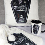 witchy curios & grey cat coffin bookshelves white/black velvet cushion