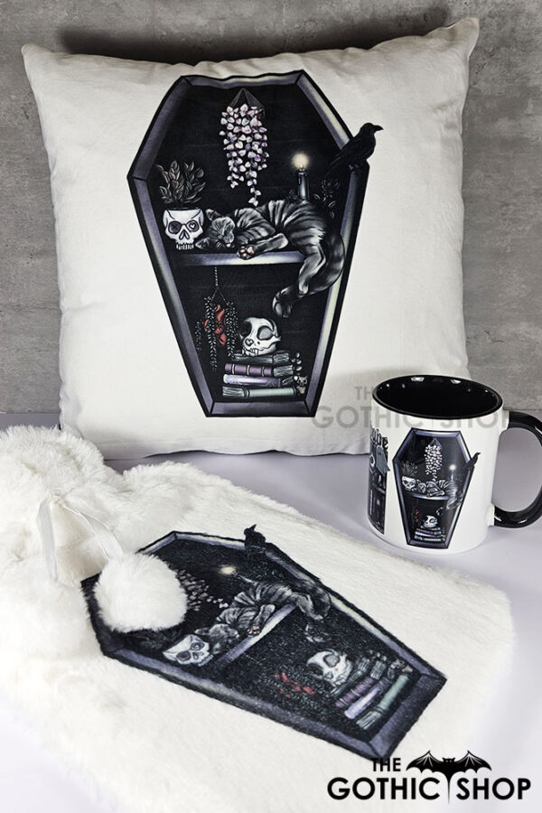 witchy curios & grey cat coffin bookshelves white/black velvet cushion