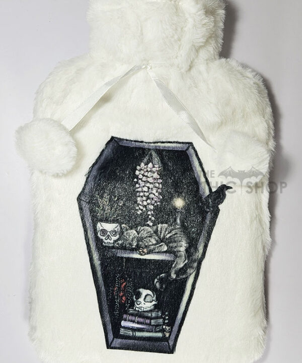 witchy curios & grey cat coffin bookshelves hot water bottle with plush cover