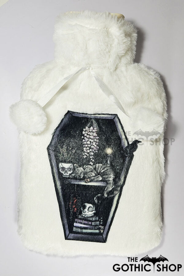 witchy curios & grey cat coffin bookshelves hot water bottle with plush cover