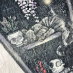 witchy curios & grey cat coffin bookshelves hot water bottle with plush cover