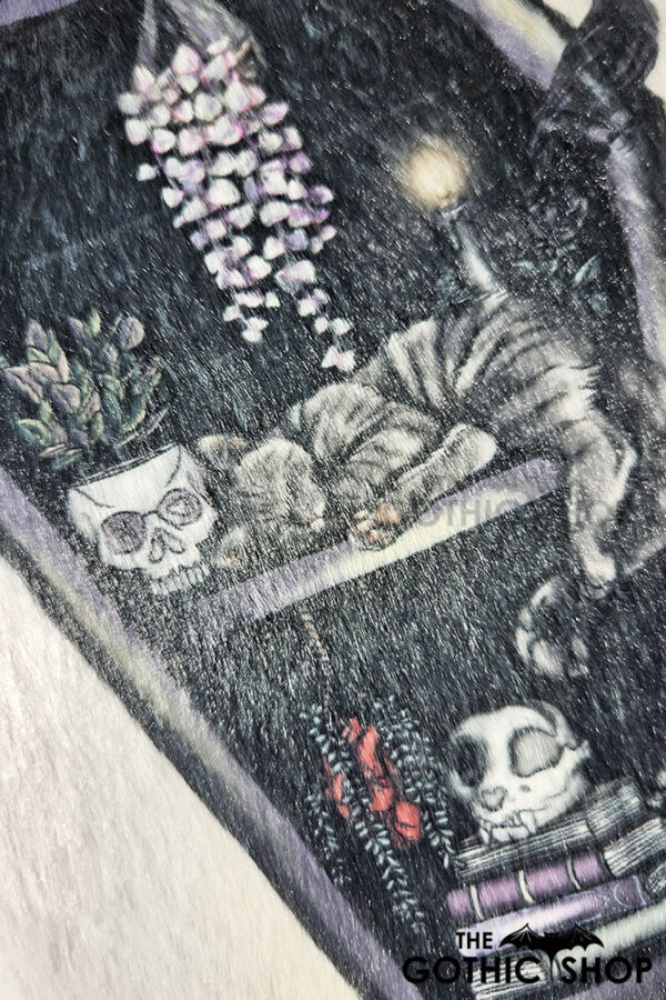 witchy curios & grey cat coffin bookshelves hot water bottle with plush cover