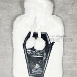 witchy curios & grey cat coffin bookshelves hot water bottle with plush cover