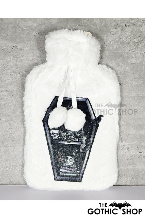 witchy curios & grey cat coffin bookshelves hot water bottle with plush cover
