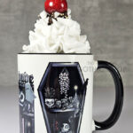 bookish babe witchy curios & grey tabby cat coffin bookshelves mug