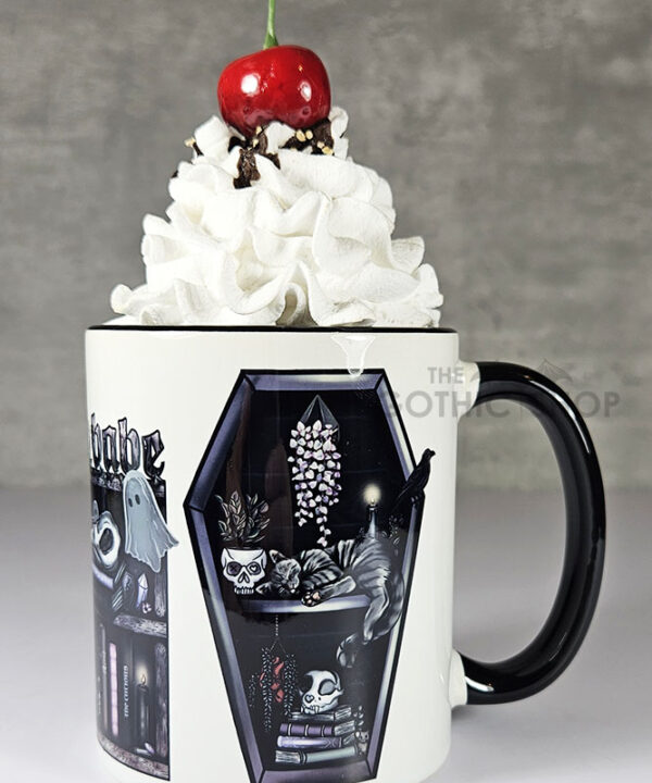 bookish babe witchy curios & grey tabby cat coffin bookshelves mug