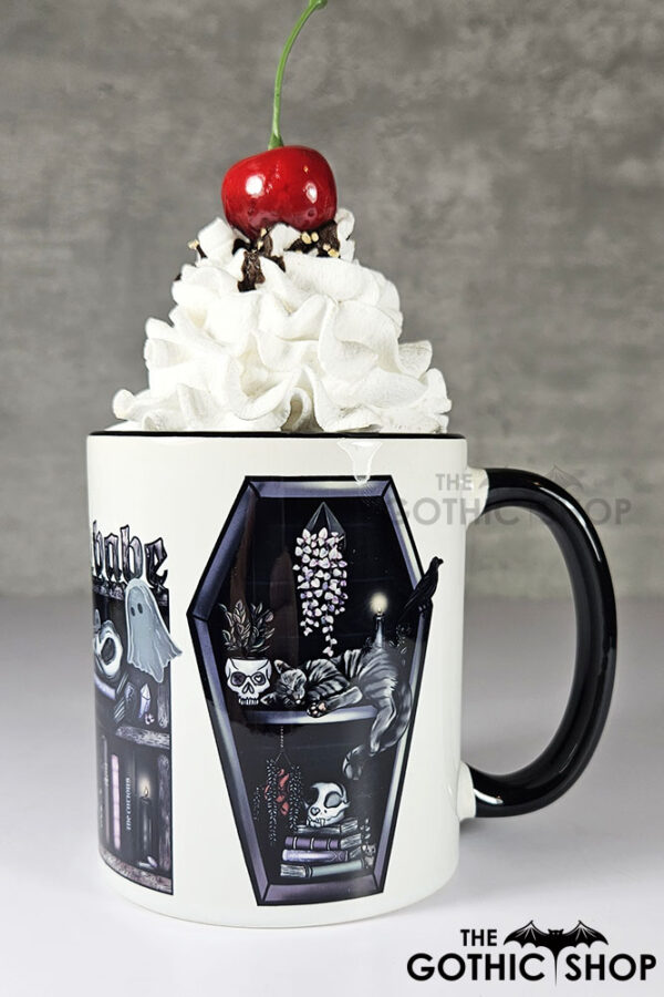 bookish babe witchy curios & grey tabby cat coffin bookshelves mug