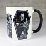 bookish babe witchy curios & grey tabby cat coffin bookshelves mug