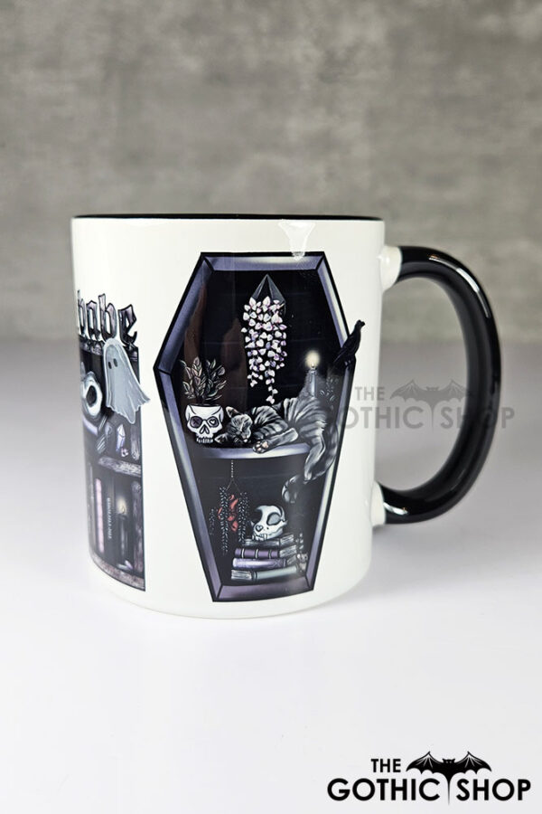 bookish babe witchy curios & grey tabby cat coffin bookshelves mug
