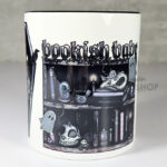 bookish babe witchy curios & grey tabby cat coffin bookshelves mug