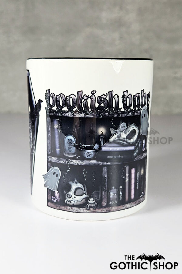 bookish babe witchy curios & grey tabby cat coffin bookshelves mug