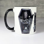 bookish babe witchy curios & grey tabby cat coffin bookshelves mug
