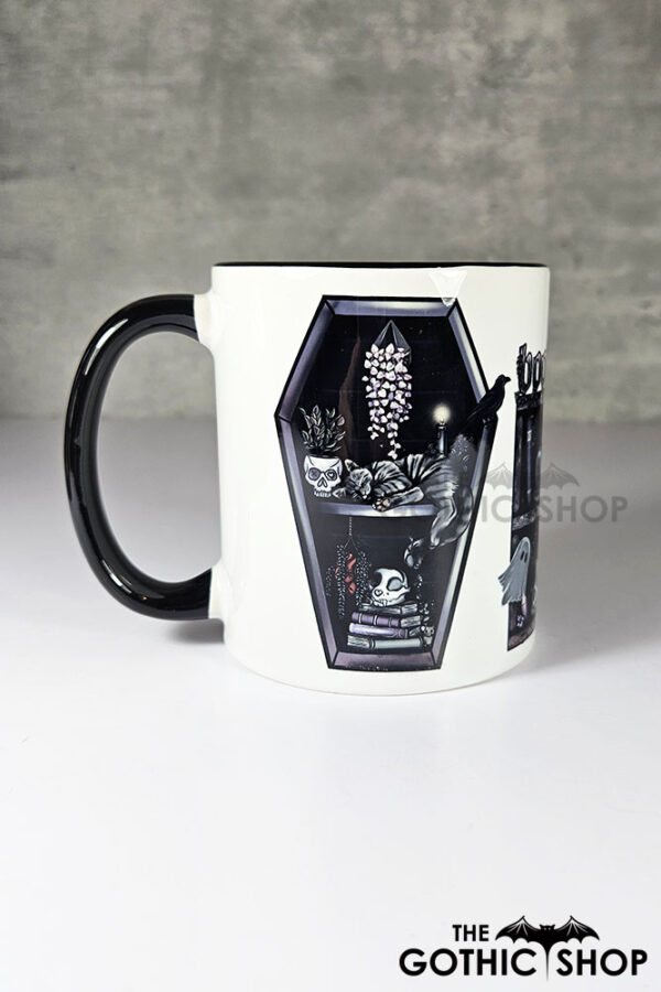 bookish babe witchy curios & grey tabby cat coffin bookshelves mug