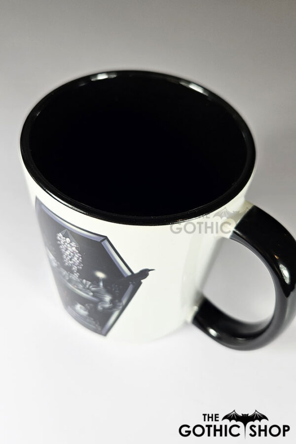 bookish babe witchy curios & grey tabby cat coffin bookshelves mug