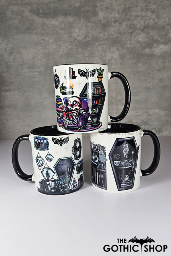 bookish babe witchy curios & grey tabby cat coffin bookshelves mug