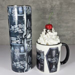 bookish babe witchy curios & grey tabby cat coffin bookshelves mug