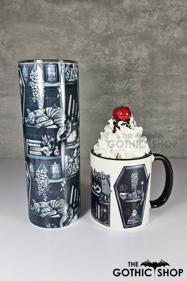 bookish babe witchy curios & grey tabby cat coffin bookshelves mug