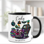 dead reader skeleton bookshelves gothic mug with option to personalise