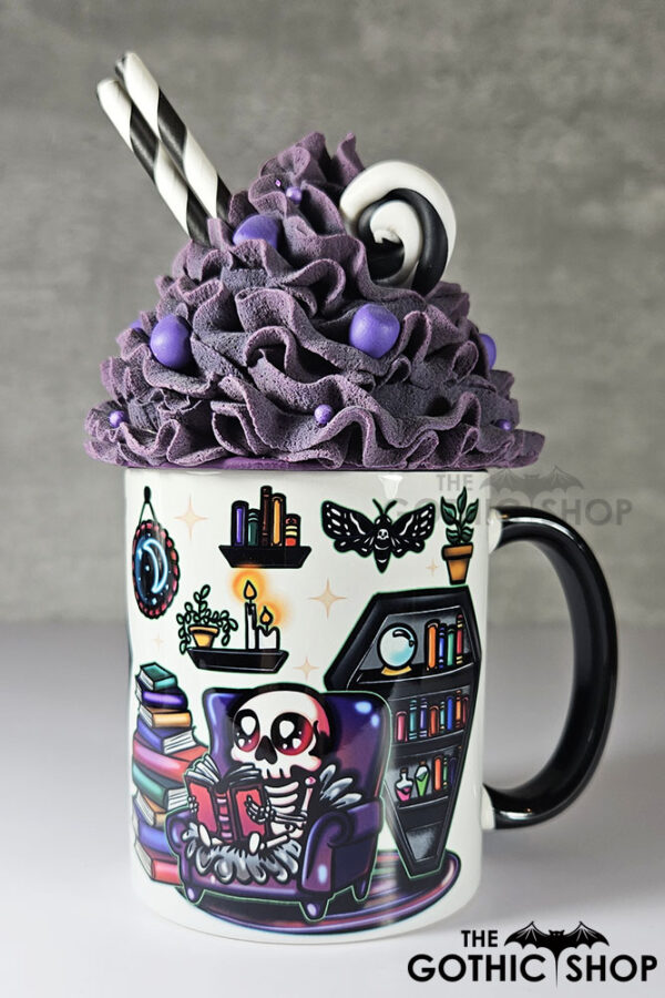 dead reader skeleton bookshelves gothic mug gift