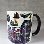 dead reader skeleton bookshelves gothic mug gift