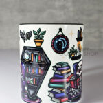 dead reader skeleton bookshelves gothic mug gift