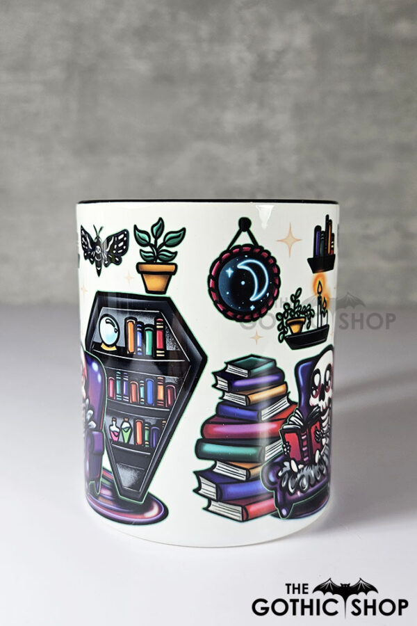 dead reader skeleton bookshelves gothic mug gift