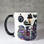 dead reader skeleton bookshelves gothic mug gift