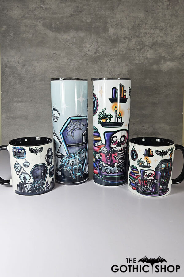 dead reader skeleton bookshelves gothic mug gift