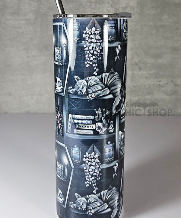 witchy curios & grey tabby cat coffin bookshelves bookish gothic 20oz straight tumbler (copy)
