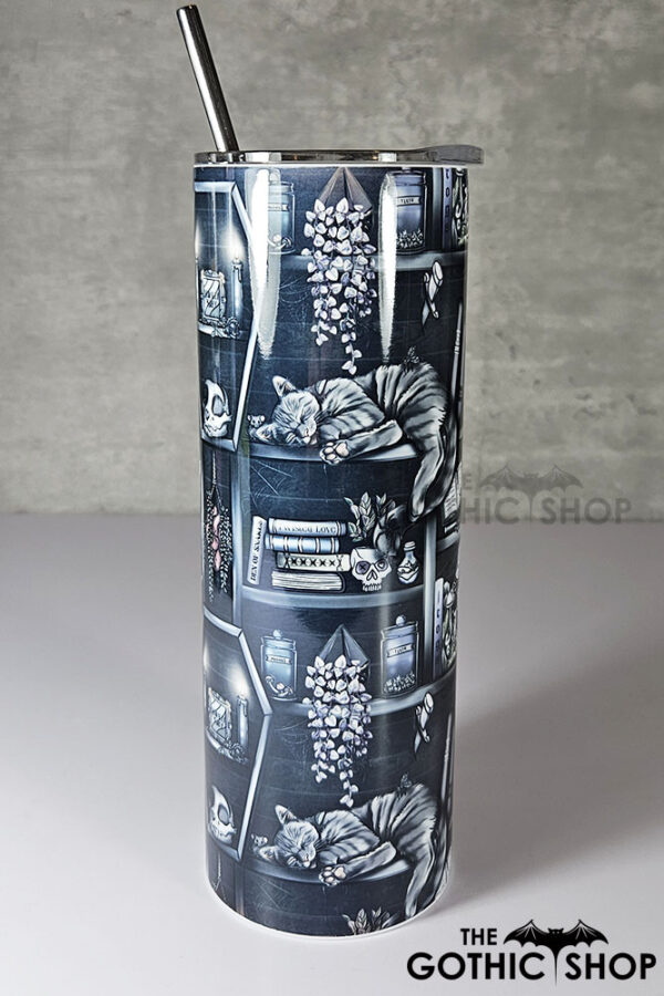 witchy curios & grey tabby cat coffin bookshelves bookish gothic 20oz straight tumbler (copy)