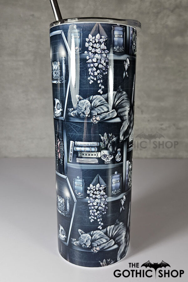 witchy curios & grey tabby cat coffin bookshelves bookish gothic 20oz straight tumbler (copy)