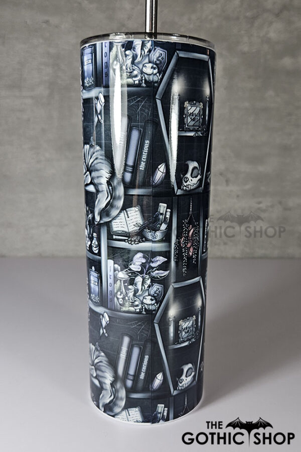 witchy curios & grey tabby cat coffin bookshelves bookish gothic 20oz straight tumbler (copy)