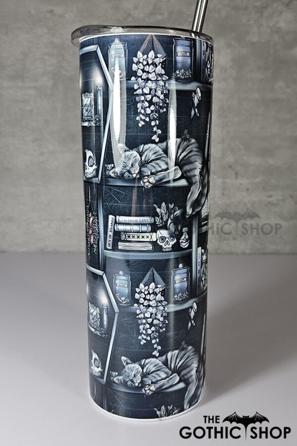 witchy curios & grey tabby cat coffin bookshelves bookish gothic 20oz straight tumbler (copy)